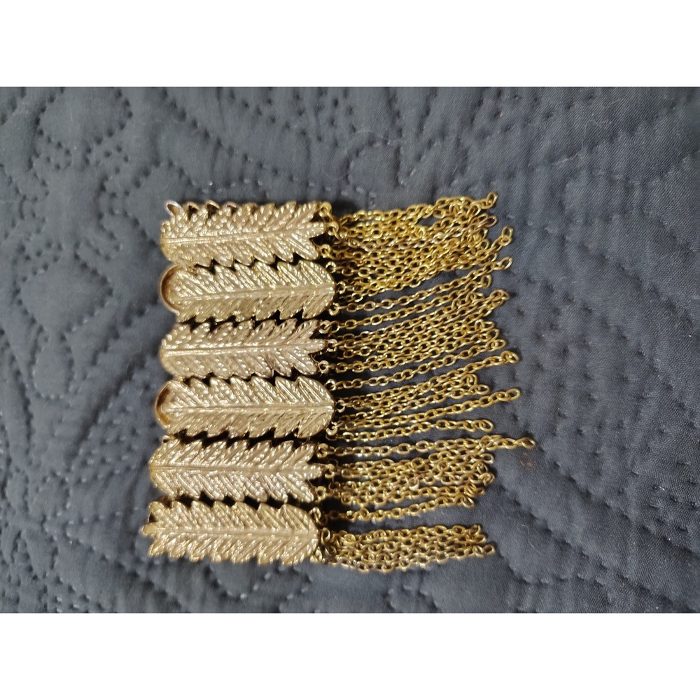 Gold Tone Leaf Cuff Bracelet with Chain Fringe Bohemian Statement Jewelry